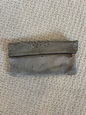 Gray Suede Fold-Over Clutch with Zip Accent